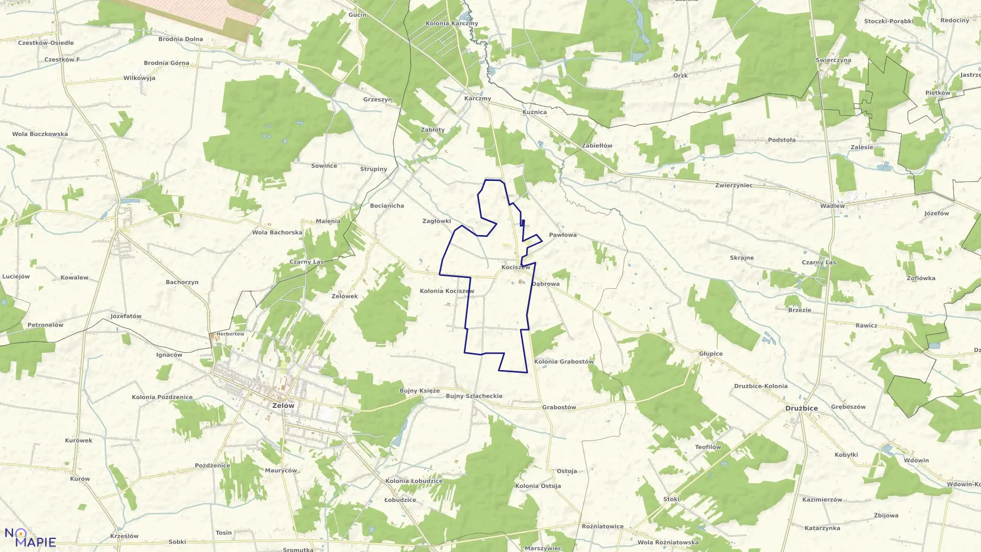 Mapa obrębu KOCISZEW w gminie Zelów